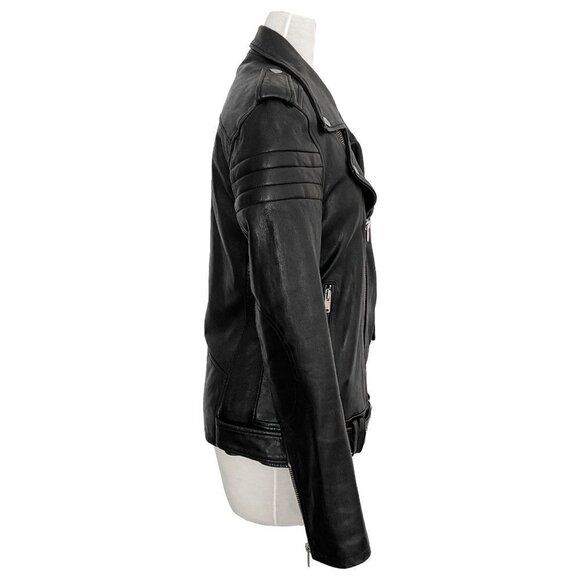 BLK DNM Motorcycle Biker Black Leather Belted Zipper Detail Jacket - Picture 4 of 10